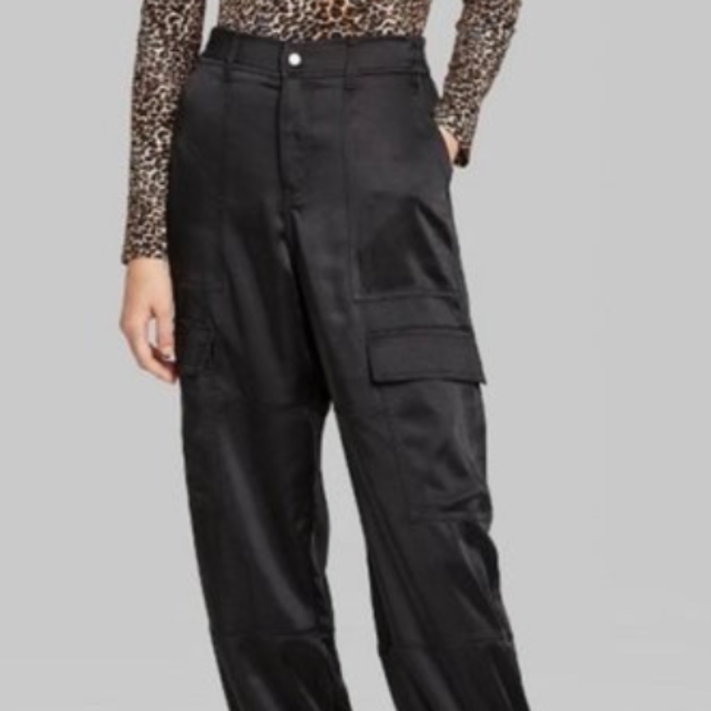 Black Satin high waisted cargo joggers